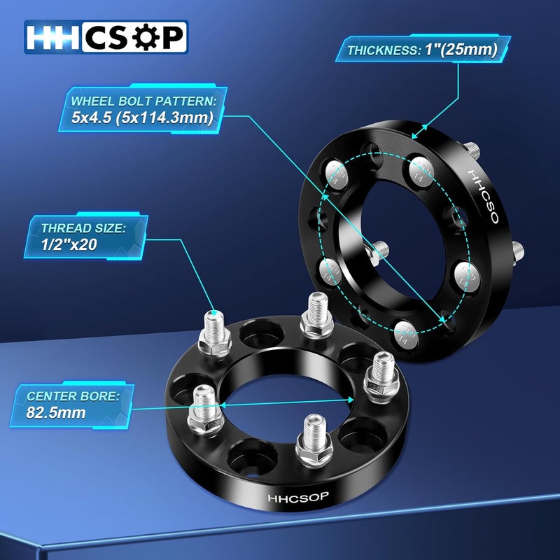 HHCSOP 5x4.5 1" Wheel Spacers Fit for Mustang Ranger Explorer Edge Crown Victoria Jeep Wrangler Liberty Cherokee TJ YJ XJ MJ KJ KK ZJ, 5x114.3 Wheel Adapters 82.5mm Hub Bore 1/2x20 Studs, Black 4PCS - Image 3